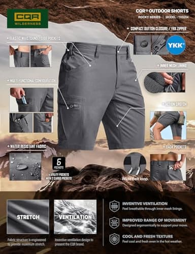 CQR Men's Quick Dry Stretch Hiking Cargo Shorts, Lightweight Water Resistant Tactical Casual, Golf & Outdoor with Pockets, Rocky Jet Grey, 38W x 10L - Image 5