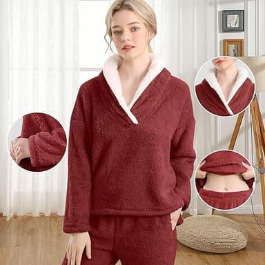 BOSECETA Fluffy Pajamas Set for Women Soft Comfy Fleece Pjs Pullover Pants Loose Plush Sleepwear Fuzzy Loungewear for Winter (Wine red,Medium) - Image 3
