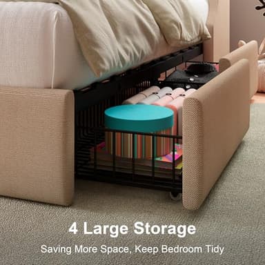 Feonase Twin Bed Frame with 4 Storage Drawers, Upholstered Wingback Headboard, Easy Assembly, No Box Spring Needed, Beige - Image 5