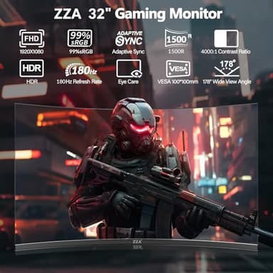 ZZA 32 Inch Curved Gaming Monitor 180hz,Computer Monitor 32 Inch FHD 1080P 1500R |1ms (GTG) | HDR 600|Curved|122% sRGB|DP/HDMI|VESA|FreeSync & G-Syn,Mount Business, Office, Casual Gaming Monitors - Image 2