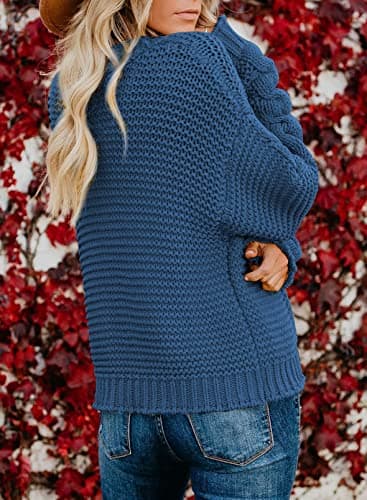 Dokotoo 2025 Womens Fall Cardigan Sweaters Casual Open Front Long Sleeve Solid Cable Knit Chunky Ribbed Winter Stylish Loose Ladies Girls Cardigans Coats Jackets Outerwear Blue M - Image 3