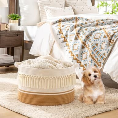 KAKAMAY Large Blanket Basket (20"x13"),Woven Baskets for storage Baby Laundry Hamper, Cotton Rope Blanket Basket for Living Room, Laundry, Nursery, Pillows, Baby Toy chest (White Fringe) - Image 3