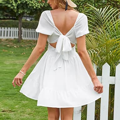 EXLURA Women's 2024 Summer Short Puff Sleeve Casual Short Mini Dresses Tie Back Square Neck A-Line Sundress White - Image 2