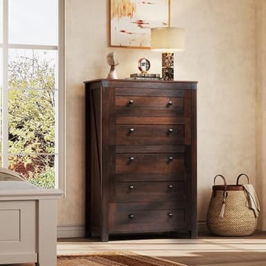 WLIVE Farmhouse Brown Dresser for Bedroom, 5 Drawer Dresser Storage Organizer, Tall Wood Dressers with Double Rustic Handle, Chest of Drawers for Living Room, Hallway, Closet - Image 2