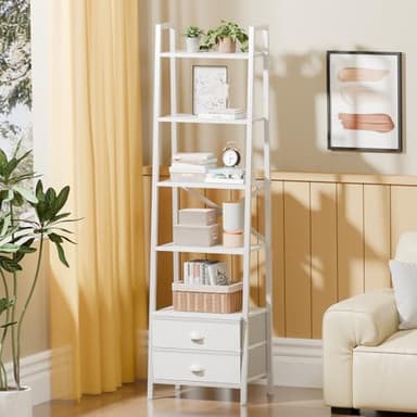 Furologee 5-Tier Ladder Shelf with 2 Drawers,Narrow Bookshelf Storage Shelves,Industrial Bookcase Freestanding Rack Units for Bedroom,Living Room,Bathroom,Home Office,Balcony,Wood Metal, White - Image 2
