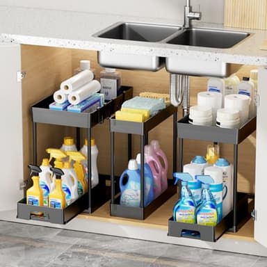Delamu 3 Pack Under Sink Organizers and Storage, 2 Tier Black Bathroom Cabinet Organizer, Multi-Use Kitchen Bathroom Organizers and Storage, Under Counter Organizer with Hooks - Image 8