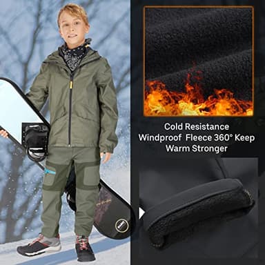 linlon Kids Boy's Snow Waterproof Pants Youth Fleece Lind Hiking Softshell Warm Insulated Trousers 9056-Army Green-L - Image 3
