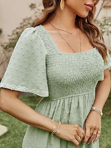 Glamaker Women's Summer Casual Short Sleeve Smocked Square Neck A Line Flowy Midi Dress Midi Dress - Image 4