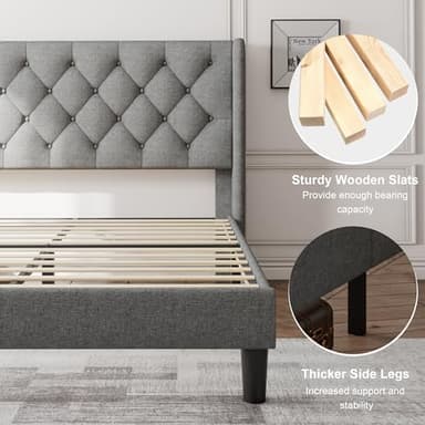 Feonase Queen Bed Frame with Upholstered Wingback Headboard, Platform Bed and Heavy Duty Wooden Slats Support, Easy Assembly, Noise-Free, No Box Spring Needed, Light Gray - Image 5