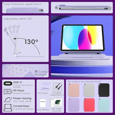 RAYMCRAFT for iPad 11th(A16, 2025)/10th Generation Case with Keyboard, Magic Keyboard 2022, Springy Backlit Keys, Stain-Resistant Surface, Multi-Touch Trackpad,Purple - Image 7