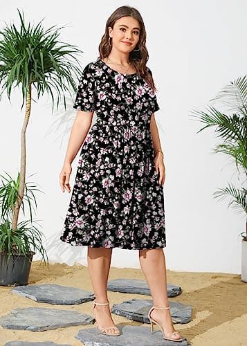 POSESHE Womens Plus Size Dress Summer Short Sleeve Casual 2024 Round Neck Dress with Pockets,Black Pink Floral,2XL - Image 4