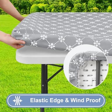 misaya Rectangle Vinyl Table Cloth, Elastic Fitted Tablecloth with Flannel Backing, Waterproof Plastic Table Cover Fits 5 Foot Folding Tables for Camping, Indoor and Outdoor (Light Grey, 30" x 60") - Image 2