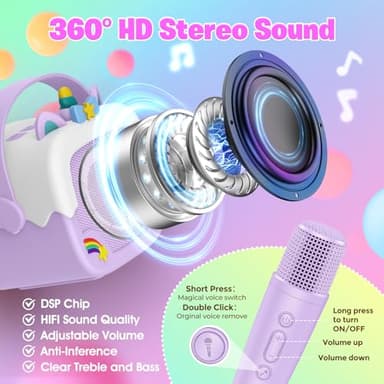 Mini Karaoke Machine for Kids Girls: Unicorn Portable Bluetooth Speakers with 2 Wireless Mic Toys for Girls Age 4-6 7 8 9 Years Old Girl Gifts Birthday Gifts for 5 6 7 8 9 10 11 Years Teens Purple - Image 3