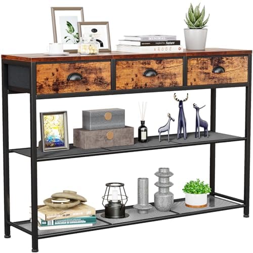 Furologee Entryway Table, 38'' Console Sofa Table with 3 Fabric Drawers, Industrial Entry Way Table with Storage Shelves, Display Shelf for Living Room, Hallway, Entrance, Foyer, Rustic Brown - Image 1