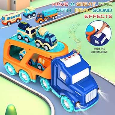 9 Pack Cars Toys for 2 3 4 5 Years Old Toddlers Boys & Girls Gift, Big Transport Truck with 8 Small Cute Pull Back Trucks, Carrier Truck with Sound & Light 13.5 * 5.5 inch, 2.5 *1.6 inch - Image 2