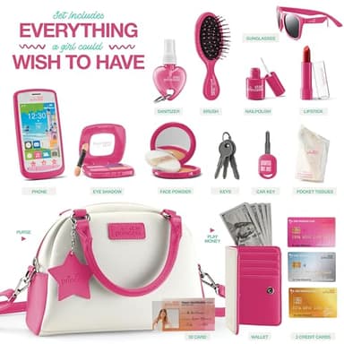 Star Princess Pretend Play Purse Set for Girls - Realistic Purse with Accessories: Toy Phone, Wallet, Credit Cards, Keys, Makeup for Role Playing Toys for Girls Ages 3-8 - Image 6