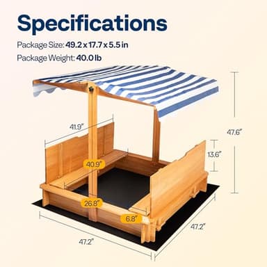 VIVOHOME 47" Solid Fir Wooden Sandbox with Adjustable Sun Canopy & Foldable Benches, Outdoor Play for Kids, Weather-Resistant Design, Drainage Liner & UV Protection for Backyard/Beach - Image 7
