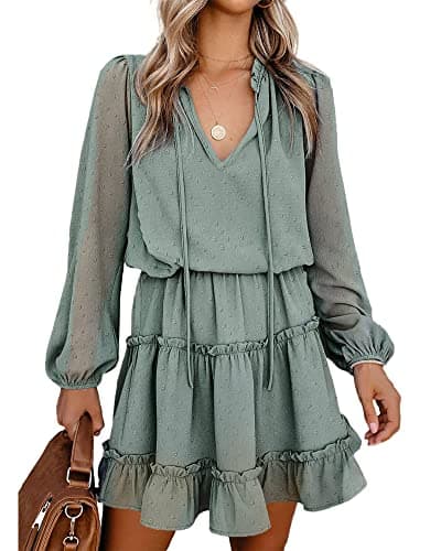 BTFBM Long Sleeve Fall Dresses for Women 2025 Summer Casual Tie Neck Ruffle Tiered A Line Wedding Guest Short Mini Dress(Dot Green, Medium) - Image 1