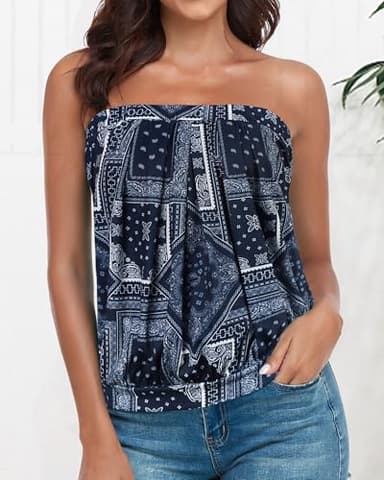 CHICGAL Women's Tube Tops Summer Bandeau Tank Off The Shoulder Casual Strapless Blouse Tunic Shirts (Navy Diamond,2XL) - Image 7
