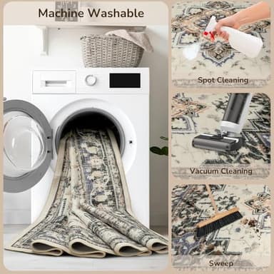 BESTSWEETIE 8x10 Area Rugs for Living Room, Washable Ultra Soft Boho Vintage Print Pattern Rug Non Slip Low Pile Carpet for Dining Room Bedroom Entryway Indoor-Black/Beige/Purple - Image 4