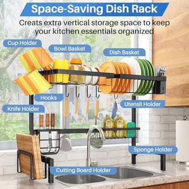 Over The Sink Dish Drying Rack - Adjustable Dish Rack for Kitchen Counter, Metal (Black) - Image 2