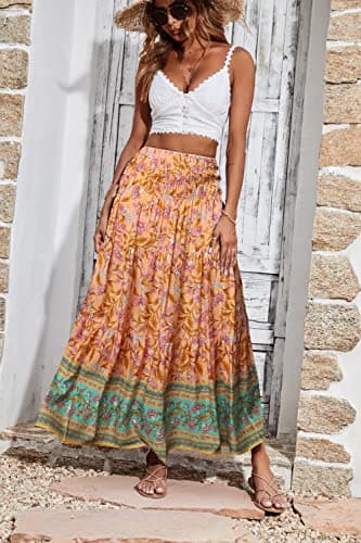 CFLONGE Women's 2025 Bohemian Long Skirts Flowy High Waist A Line Maxi Skirts for Women Summer(Pink,Medium) - Image 4