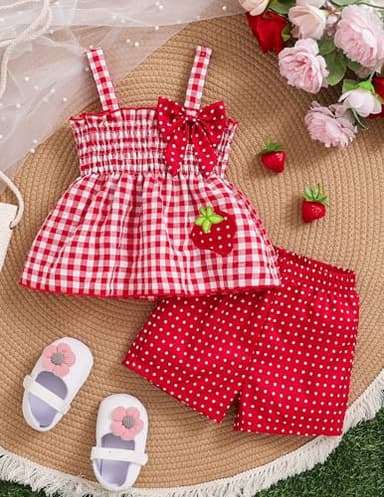 Doresbebe 18-24 Months Girl Clothing Baby Girl Clothes Summer Toddler Girl Outfits Strawberry Ruffle Shirts Tank Tops Shorts Set Gifts for Girl Clothing Red - Image 3