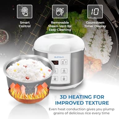 Buffalo Classic Rice Cooker with Clad Stainless Steel Inner Pot - Electric Rice Cooker for White/Brown Rice, Grain - Easy-to-clean, Non-Toxic & Non-Stick, Auto Warmer (5 Cup) - Image 3