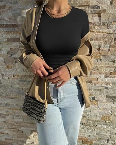 OQQ Womens 2 Piece Shirts Short Sleeve Crew Neck Ruched Stretch Fitted Tee Shirts Crop Tops Black Tea Leaf - Image 4