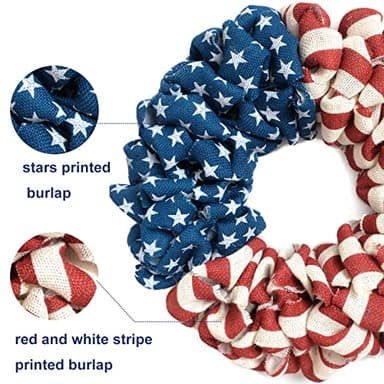 20Inch Patriotic Burlap Wreath, 4th of July Summer Burlap Stripe and Stars Printed Wreath for The Front Door, Handcrafted Memorial Day American Flag Printed Home Decoration for Indoor and Outdoor - Image 3