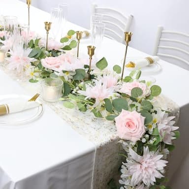 DIYDOFUN Pack of 2 Artificial Rose Flower Garland with Greenery - 5.6 FT Eucalyptus Garlands Floral Garlands for Wedding Arch Mantle Backdrop Patio (Light Pink & White, 2 X 5.6 FT Garlands) - Image 2