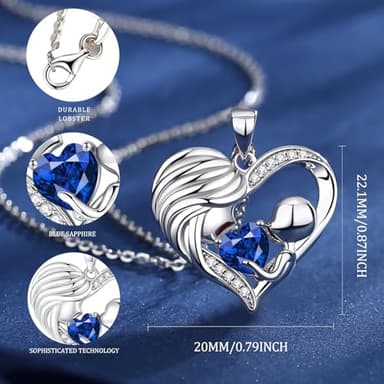 FANCIME Mom Birthstone Necklace Blue Sapphire Mother and Child Love Heart Necklace I Love You Mom Gifts Mothers Day September Jewelry Gifts for Grandmother Women Wife, 16"+2" Inches - Image 2