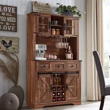 OKD 72" Farmhosue Bar Cabinet with Sliding Barn Door, Large Kitchen Buffet with Hutch w/Wine & Glasses Rack, 3 Drawers, 12 Storage Shelves, Rustic Coffee Bar Sideboard Table, Reclaimed Barnwood Color - Image 1