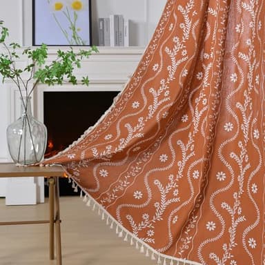 Terracotta Boho Linen Curtains with Tassels 84 Inch Length for Living Room, Floral Semi Sheer Curtains 2 Panels, Vintage Rustic Farmhouse Light Filtering Drapes, Burnt Orange - Image 1