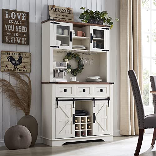 OKD 72" Farmhosue Bar Cabinet with Sliding Barn Door, Large Kitchen Buffet with Hutch w/Wine & Glasses Rack, 3 Drawers, 12 Storage Shelves, Rustic Coffee Bar Sideboard Table, Antique White - Image 1