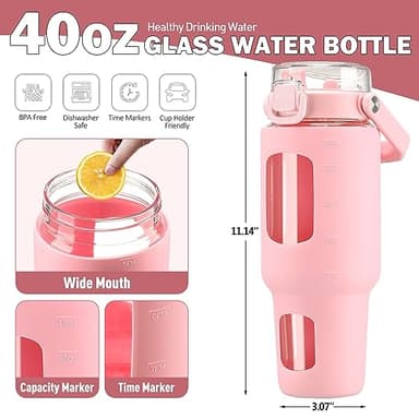 BLUEGO 40 oz Glass Water Bottle with Straw, Leakproof Glass Drinking Bottle with Time Marker and Silicone Sleeve, Wide Mouth Water Bottle for Travel, Gym, Workout, Pink - Image 2