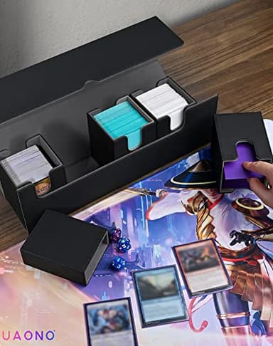 UAONO Card Deck Box with Dice Tray for MTG, 5 in 1 Card Deck Case Holds 800+ Unsleeved Cards, Strong Magnet Organizer Compatible with Yugioh TCG Sports Cards (Black) - Image 4