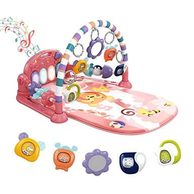 dearlomum Baby Play Mat Baby Gym,Funny Play Piano Tummy Time Baby Activity Mat with 5 Infant Sensory Baby Toys, Music and Lights Boy & Girl Gifts for Newborn Baby 0 to 3 6 9 12 Months (Pink) - Image 1