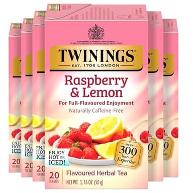 Twinings Raspberry & Lemon Herbal Tea Individually Wrapped Bags, 20 Count (Pack of 6), Fruity & Zesty, Naturally Caffeine-Free, Enjoy Hot or Iced, 120 Teabags - Image 1
