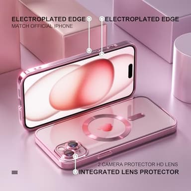 Misea Magnetic for iPhone 15 Plus Case Compatible with MagSafe [Never Yellowing] [Military Grade Drop Protection] Full Camera Lens Protector Plating Soft Clear Phone Case for Women, Pink - Image 6