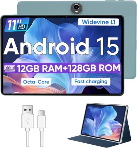 Android 15 Tablet,11 Inch Tablets with Octa Core Processor, 12GB RAM + 128GB ROM 1TB Expand, Widevine L1, 8000mAh Battery, 2.4/5Ghz Dual Band WiFi/GPS/FM Radio,5/8MP Cameras, Case Included - Blue - Image 1
