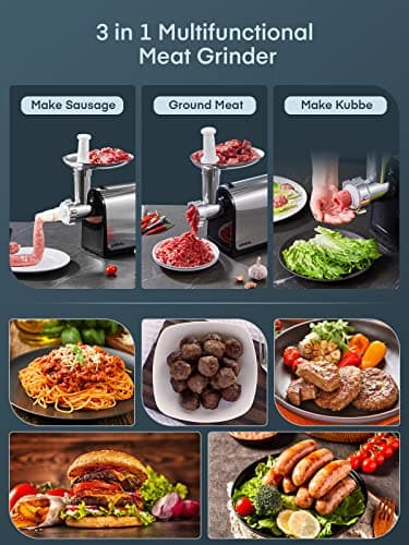 Electric Meat Grinder, Sausage Stuffer with 3 Sausage Tubes, 2 Blades, 3 Plates, 3200W Max, Meat Grinder Heavy Duty for Home Kitchen Use, Stainless Steel (Black) - Image 2