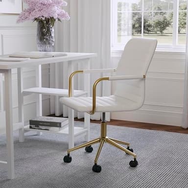 Martha Stewart Taytum Swivel Task Chair with Armrests for Home Office in White Faux Leather with Polished Brass Frame - Image 2
