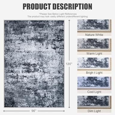 8x10 Area Rug Living Room Rug: Washable Modern Abstract Soft Thin Rug Indoor Floor No Slip Stain Resistant Carpet for Bedroom Dining Room Farmhouse Nursery Home Office - Black - Image 2