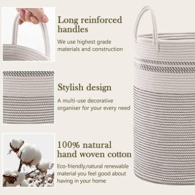 YOUDENOVA Woven Rope Laundry Hamper Basket, 58L Tall Luandry Basket, Baby Nursery Hamper for Blanket Storage, Clothes Hamper for Laundry in Bedroom-Large-Stripe White - Image 7