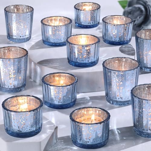 NITIME 20pcs Assorted Mercury Ribbed Blue Votive Candle Holders for Wedding Centerpiece, Blue Candle Holders for Table Centerpiece, Home, Baby Shower - Image 1