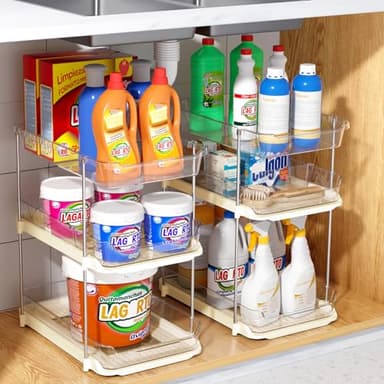 Delamu 2 Pack 3-Tier Bathroom Under Sink Organizers and Storage, Multi-Purpose Stackable Pantry Organization and Storage, Pull Out Clear Kitchen Bathroom Cabinet Organizer with Movable Dividers, Beige - Image 8