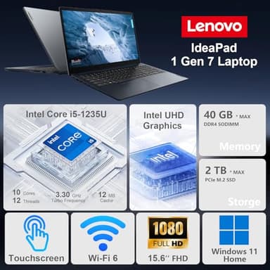 Lenovo IdeaPad 1i Laptop, 15.6" FHD Touchscreen, Intel Core i5-1235U Processor, 24GB RAM, 1TB SSD, Webcam, HDMI, Wi-Fi 6, Windows 11 Home, Blue - Image 2