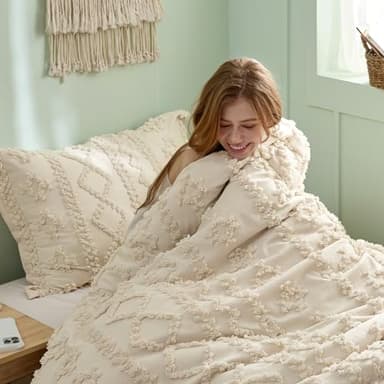 Bedsure Tufted Boho Comforter Set Twin Size - Beige Boho Bed Set, GentleSoft™ 2 Pieces Farmhouse Shabby Chic Embroidery Bedding, Gifts for Woman, Soft Jacquard Twin Comforter for All Seasons - Image 2