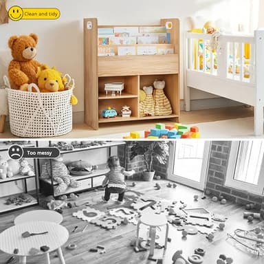 VECELO Wooden Children’s Bookshelf - Kids Book Organizer with 3-Tier Display and 2-Tier Storage Compartments, Easy-to-Access Toddler Bookcase for Playroom, Bedroom, or Nursery - Teak - Image 9